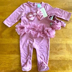 COTTON BABY GIRL SET 3-9 MONTHS- FOOTIE + HEADBAND